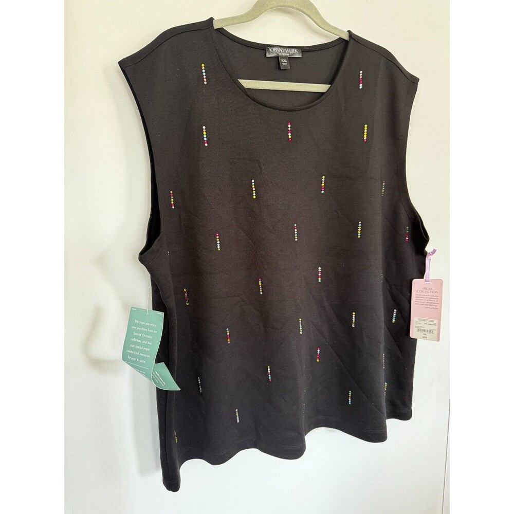NEW Wujek Womens Rhinestone Tank Top 2X Oversized Black Knit Pullover Designer
